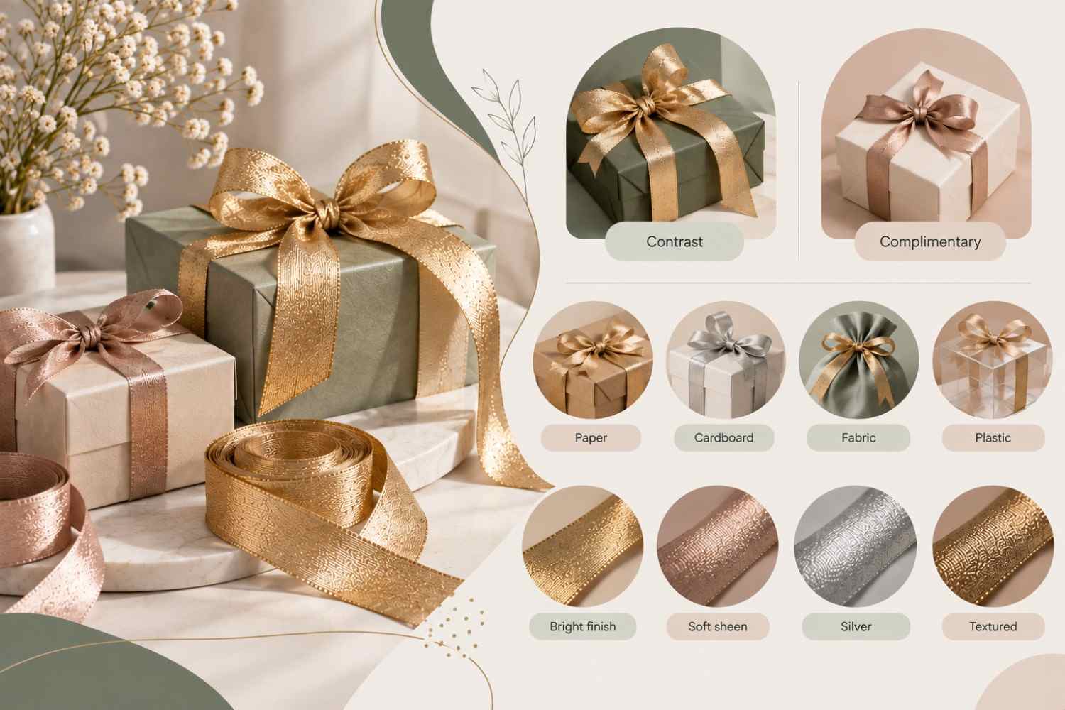 Gold metallic ribbon tied around a gift box for an elegant presentation