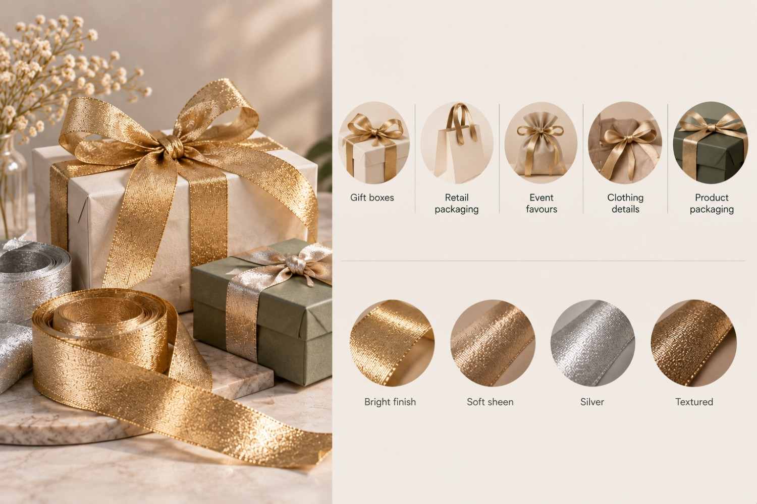 Metallic ribbon used for premium product packaging in Singapore